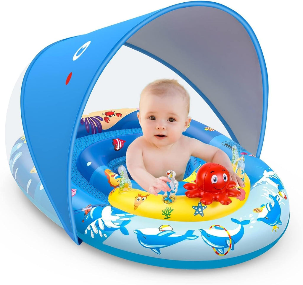 Baby Pool Float with Canopy UPF50+ Sun Protection, Inflatable Kids Pool Floats with Ocean Animal Toys for Baby