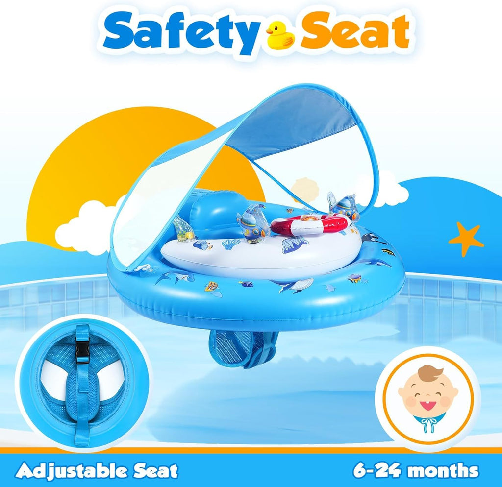 Baby Pool Float with Canopy UPF50+ Sun Protection, Inflatable Kids Pool Floats with Toy Play Console for Baby 6-36 Months, Infant Swimming Float with Adjustable Safety Seat for Boys Girls