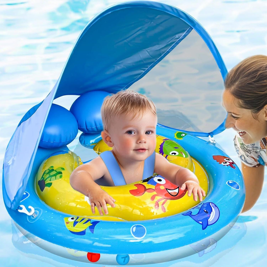 Baby Pool Swimming Float with Removable Canopy & Adjustable Seat - UPF50+ Sun Protection, Double Tail Airbag for Stability - Safe Pool Float for Infants Toddler 6-36 Months, Extra-Wide Baby Swim Ring