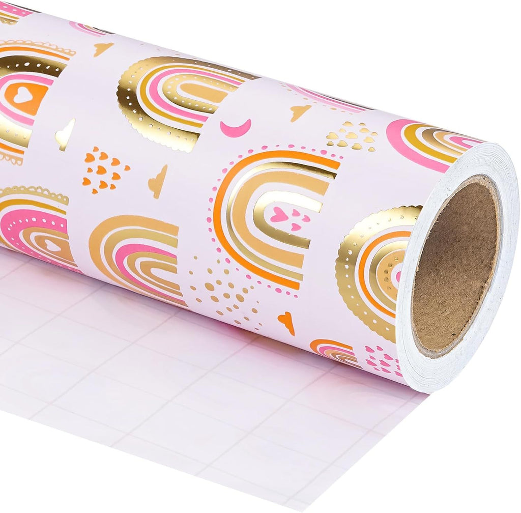 Baby Shower Wrapping Paper - Mini Roll - 17 Inch x 16.5 Feet - Gold Foil Pink Rainbow Baby Girl Wrapping Paper for Girls Birthday, Baby Shower, Baptism Gift Wrap