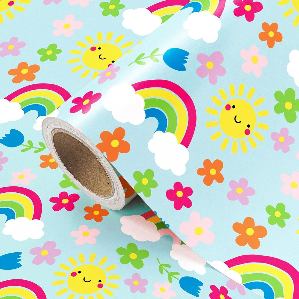 Baby Shower Wrapping Paper - Mini Roll - 17 Inch x 33 Feet - Cloud Sun Rainbow Blue Birthday Wrapping Paper for Boys and Girls Birthday, Baby Shower, Baptism Gift Wrap
