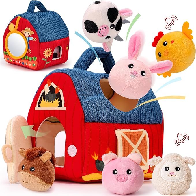 Baby Toys 6-12 Months - Surprise Barn Stuffed Farm Animals, Rattle, Crinkle, Mirror, Montessori Toys for 6 Month Old Babies Sensory Balls Toddlers 1-3 Gifts Christmas Baby Stocking Stuffers