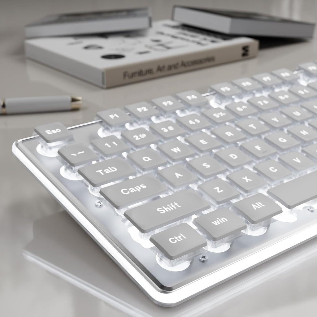 Backlit Computer Keyboards, Wired USB Keyboard with White Backlit, Metal Panel, Plug and Play, Pudding Keycaps Full Size Quite Computer Keyboard for Win/PC/Laptop-White