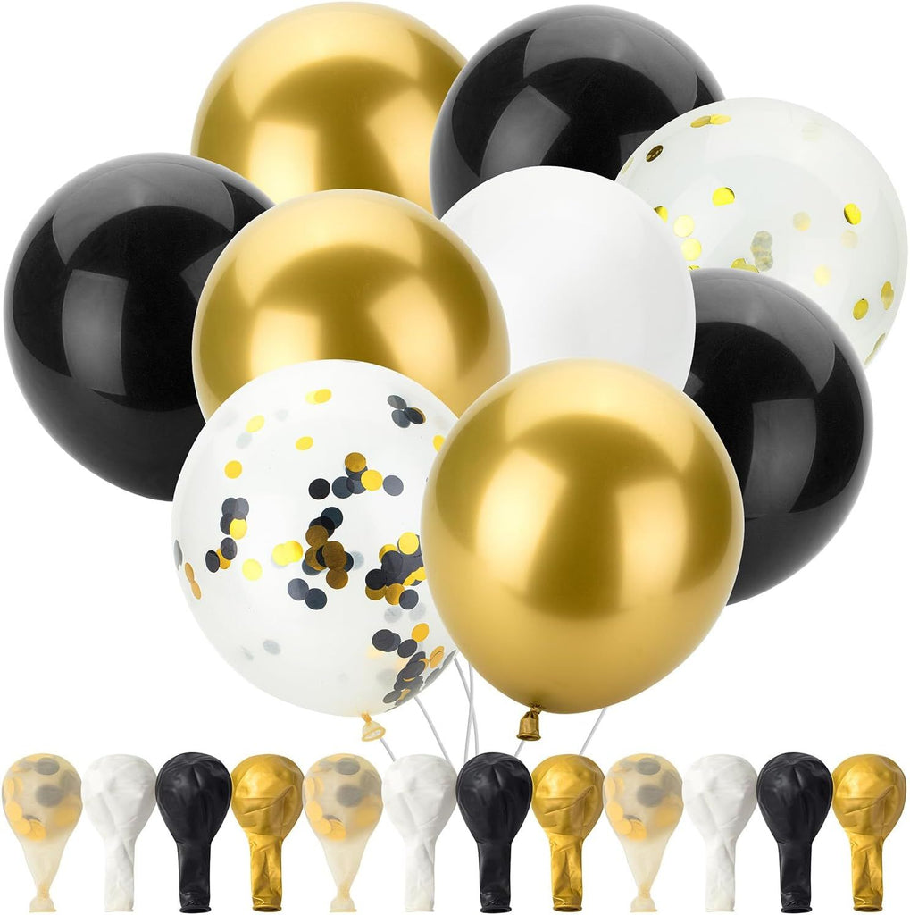 Balloons, 12 Inch, 54 Pack, Black, White and Gold balloons, Confetti for Birthday Party