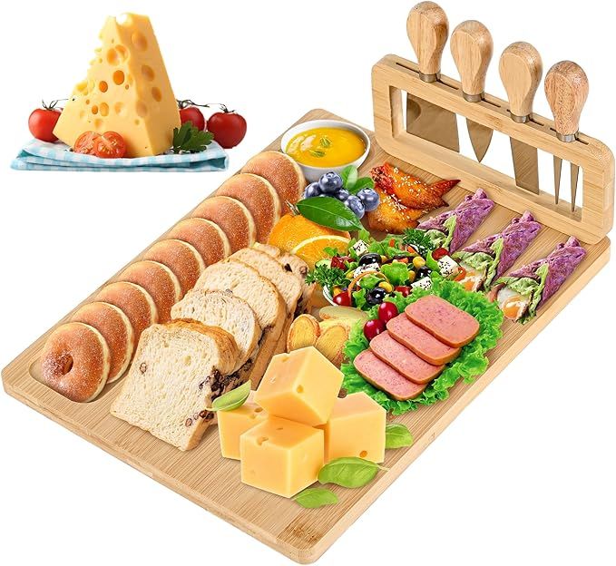 Bamboo Cheese Board and Knife Set - 14' x 11' Large Charcuterie Boards Set, Cheese Tray Platter Servers with Clasp Knife Holder, Gift for Anniversary, Housewarming, Christmas, Thanksgiving