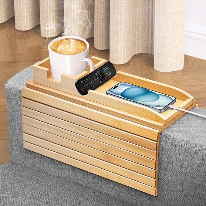 Bamboo Couch Armrest Table, Arm Tray with Removable Couch Cup Holder, 2 in 1 Design Foldable Anti-Slip Bamboo Sofa Arm Tray for Remote Controls, Phones, Cups and Snacks