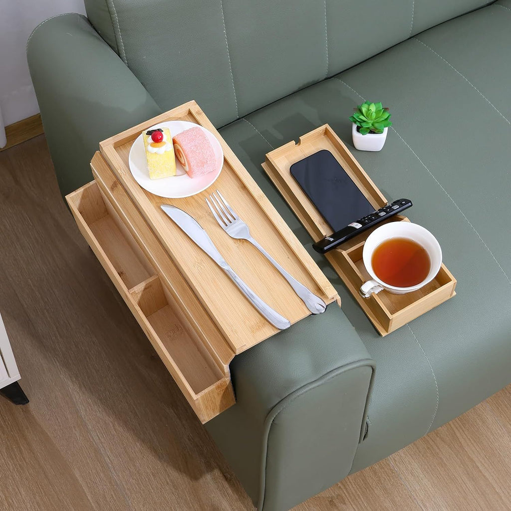 Bamboo Couch Armrest Table, Foldable Sofa Arm Tray with Detachable Cup Holder, Anti-Slip Couch Arm Table for Drinks, Phone, Snacks, Remote, Portable 2 in 1 Sofa Armrest Tray