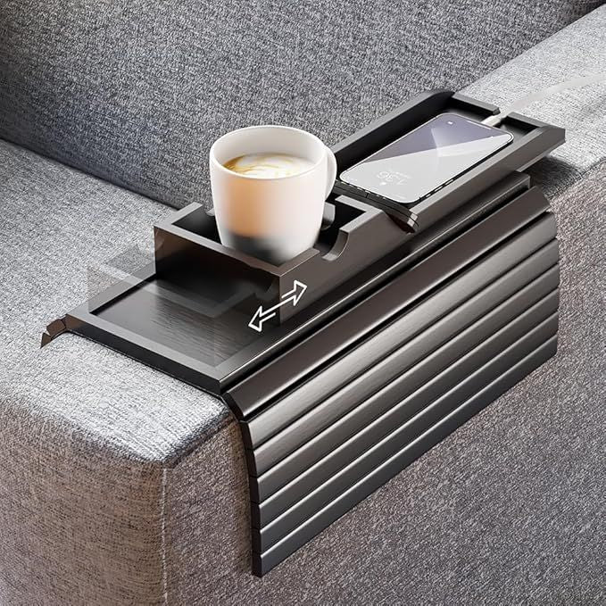 Bamboo Couch Armrest Table, Sofa Arm Tray with Detachable Couch Cup Holder - 2 in 1 Anti-Slip Foldable Sofa Armchair Caddy Table - Cup Holder for Drinks Cellphone TV Remote Snacks(Black)