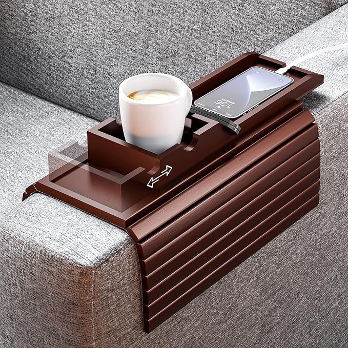 Bamboo Couch Armrest Table, Sofa Arm Tray with Detachable Couch Cup Holder - 2 in 1 Anti-Slip Foldable Sofa Armchair Caddy Table - Cup Holder for Drinks Cellphone TV Remote Snacks(Walnut)