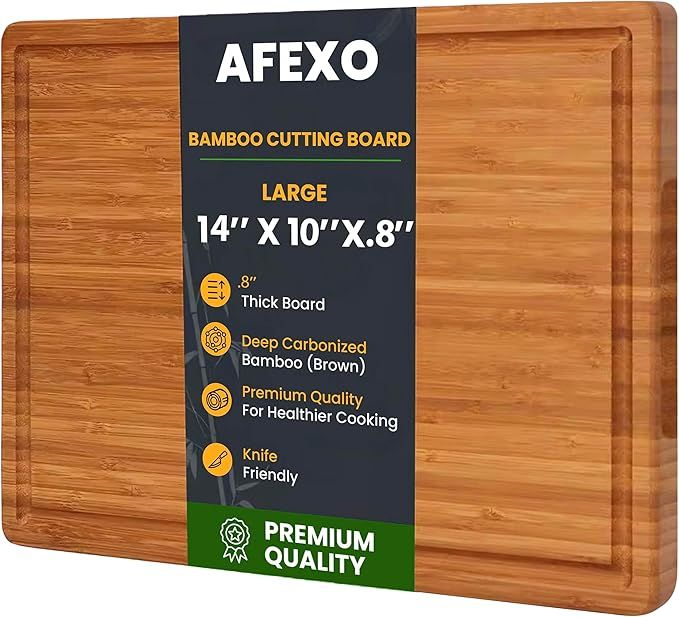 Bamboo cutting board for kitchen. Thick - Wooden cutting board with deep juice groove and side handles. Ideal Charcuterie & Chopping for Meat, Vegetables. Butcher block, Brown (14"x10")