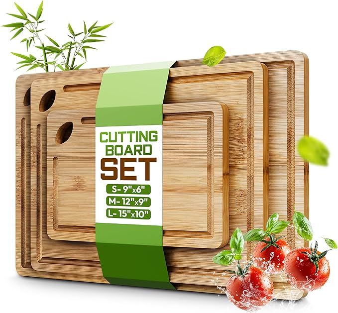 Bamboo Cutting Board Set of 3 (15x10, 12x9, 9x6) – Extra-Thick, Deep Juice Groove Wood Cutting Boards – Knife-Friendly for Kitchen Prep, Carving & Charcuterie – Easy to Clean