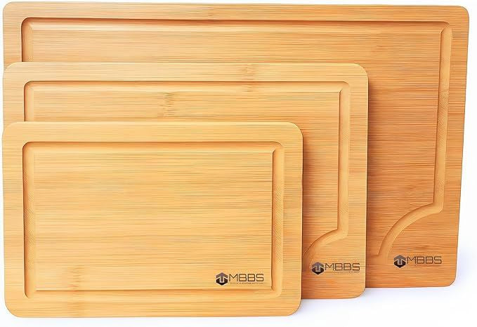 Bamboo Cutting Boards for Kitchen – Set of 3 Wooden Boards with Juice Grooves & Handles – Chopping Board Set for Meat, Veggies, Charcuterie – Eco-Friendly Gift Idea