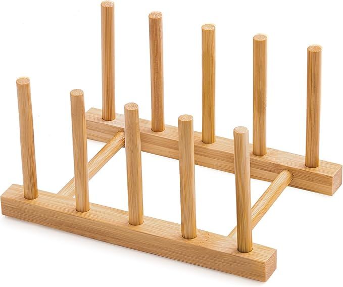 Bamboo Dish Drying Rack for Kitchen Counter and Cabinet, Dish/Book/Plate/Bowl/Cup/Cutting Board/Pot Lid Organizer for Kitchen, Living Room, Study, Display Cabinet (4 Slots)
f