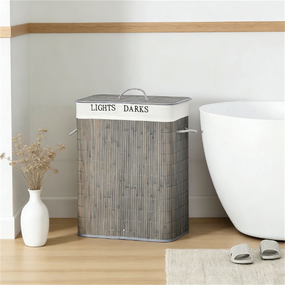 Bamboo laundry basket, foldable laundry basket, gray
