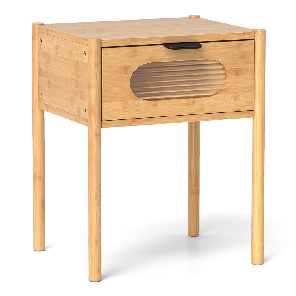 Bamboo Nightstand Square Tall End Table with Decorated Drawer
