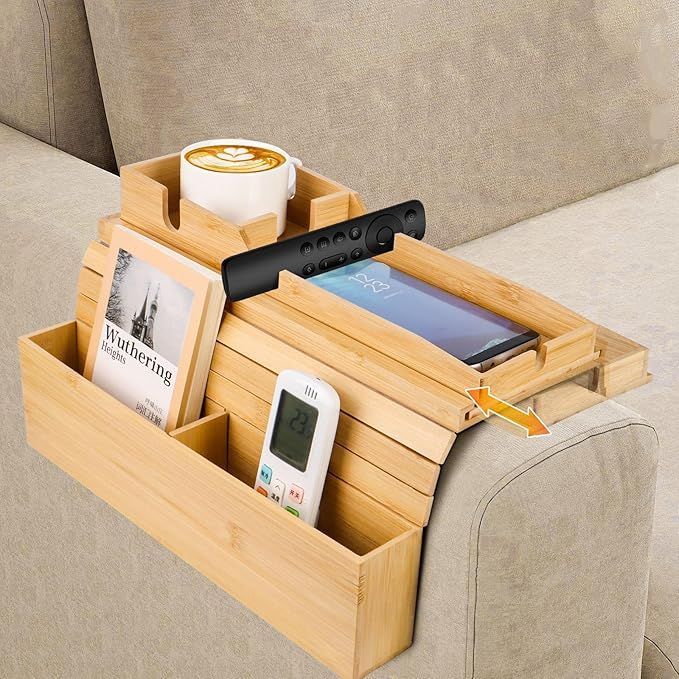 Bamboo Sofa Arm Tray, 2-in-1 Foldable Couch Armrest Tray with Detachable Cup Holder,Couch Arm Table for Armrests 5.5"–10.5" Wide,Anti-Falling Sofa Table for Drink,Cups,Phone,Snacks,Remote