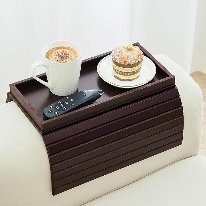 Bamboo Sofa Arm Tray, Foldable Couch Arm Tray Side Table, Anti-Falling Armrest Tables Cup Holder for Snacks, Drinks, Beers, Phone, Control, Flexible and Portable, Anti-Slip Botto
