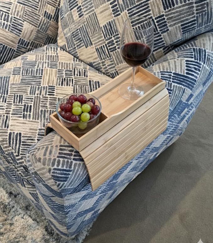 Bamboo Sofa Armrest Tray with Cup Holder, Foldable Design, Anti-Slip Bottom, 16.5 x 13 x 2 Inches - Couch Arm Table for Drinks, Phone, Remote Control, Snacks. Great Gift for Christmas, Mother's Day