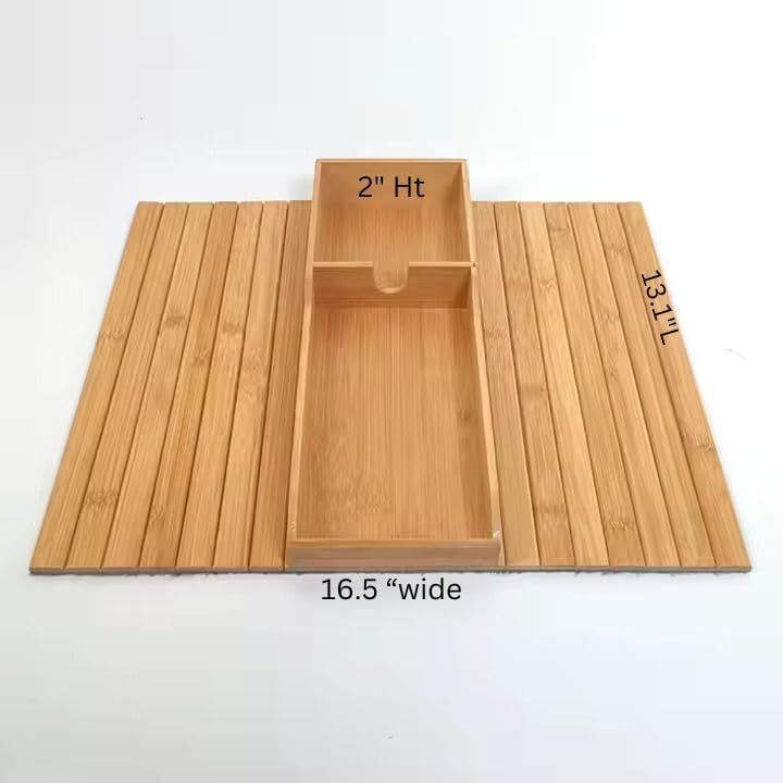 Bamboo Sofa Armrest Tray with Cup Holder, Foldable Design, Anti-Slip Bottom, 16.5 x 13 x 2 Inches