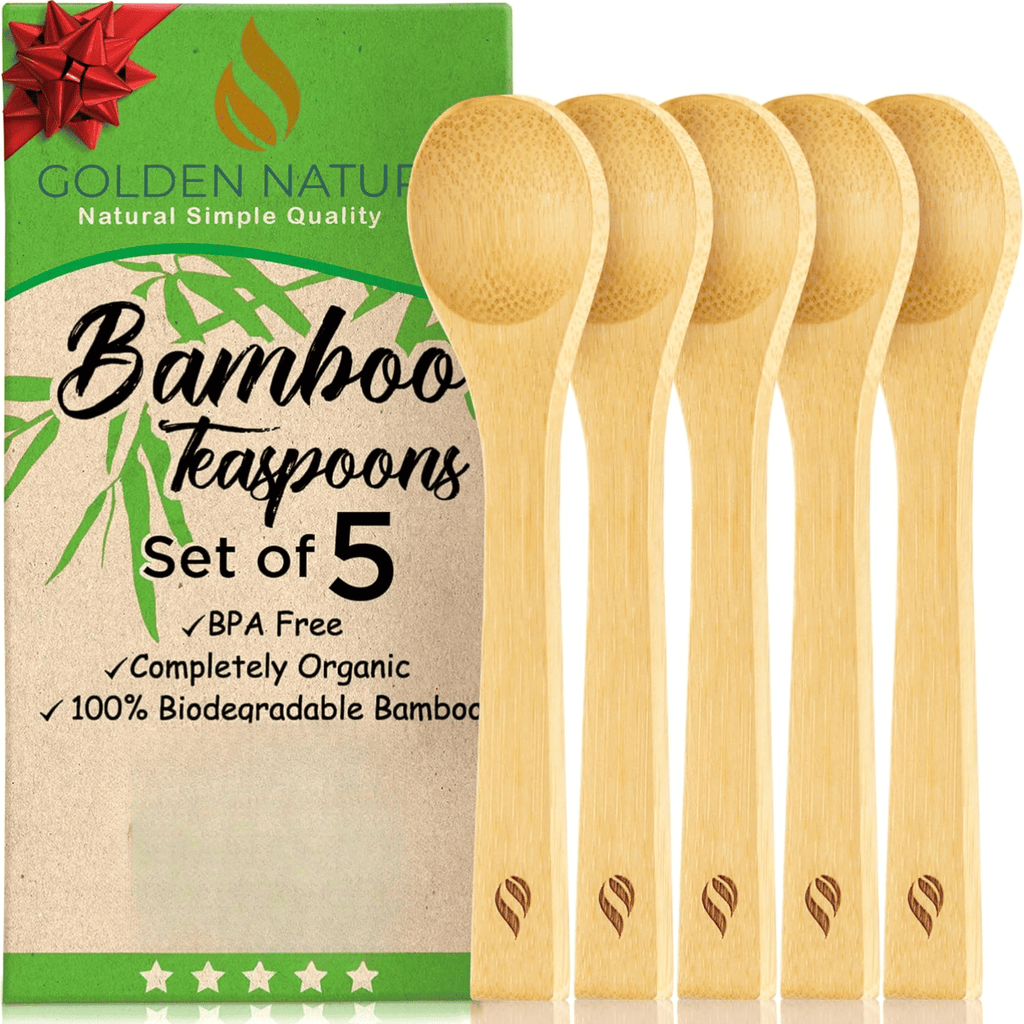 Bamboo Spoon Set (5 Pc), Small Kitchen Teaspoons, Tiny Wooden Spoons Perfect for Sugar, Spices, Seasoning, Coffee, Jam, Herbs, Honey & Dessert