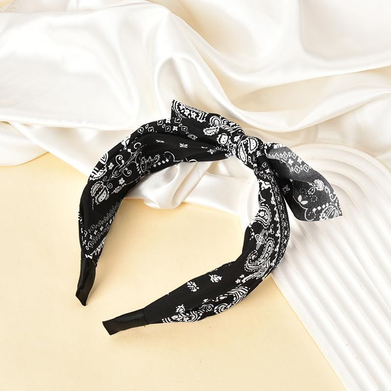 Bandana Headbands with Knotted Bow and Rabbit Ear Design for Women and Girls - Black Bowknot Hairband Accessories