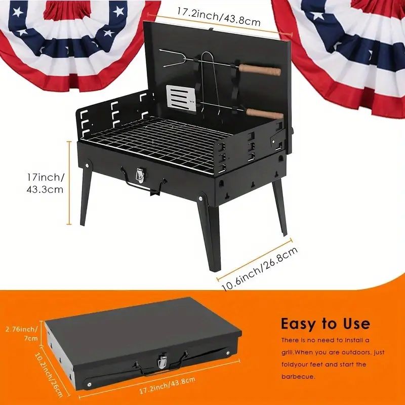 Barbecue Charcoal Grill Folding Portable, Windproof and thickened tool box design, durable, foldable structure lightweight and compact, three height modes BBQ Tool Kits for Outdoor Cooking Camping Hik