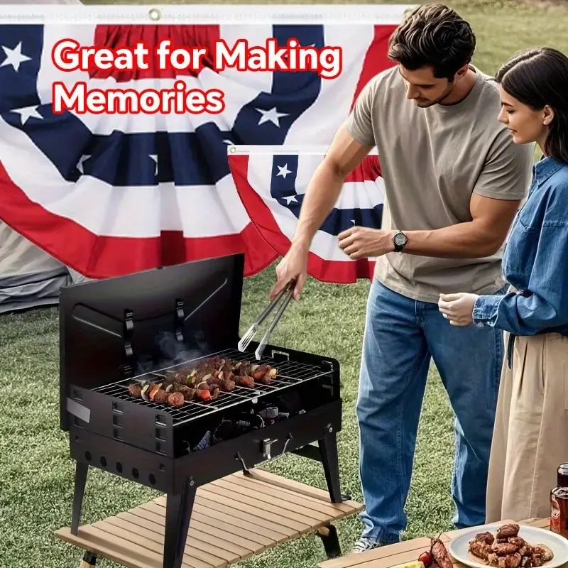 Barbecue Charcoal Grill Folding Portable, Windproof and thickened tool box design, durable, foldable structure lightweight and compact, three height modes BBQ Tool Kits for Outdoor Cooking Camping Hik