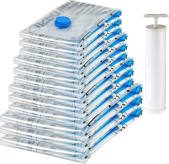 Basics Vacuum Compression Space Saving Storage Bags with Hand Pump for Travel, Multiple Sizes for Clothes and Blankets, Clear, 12 Pack (3 Small, 3 Medium, 3 Large & 3 Jumbo)