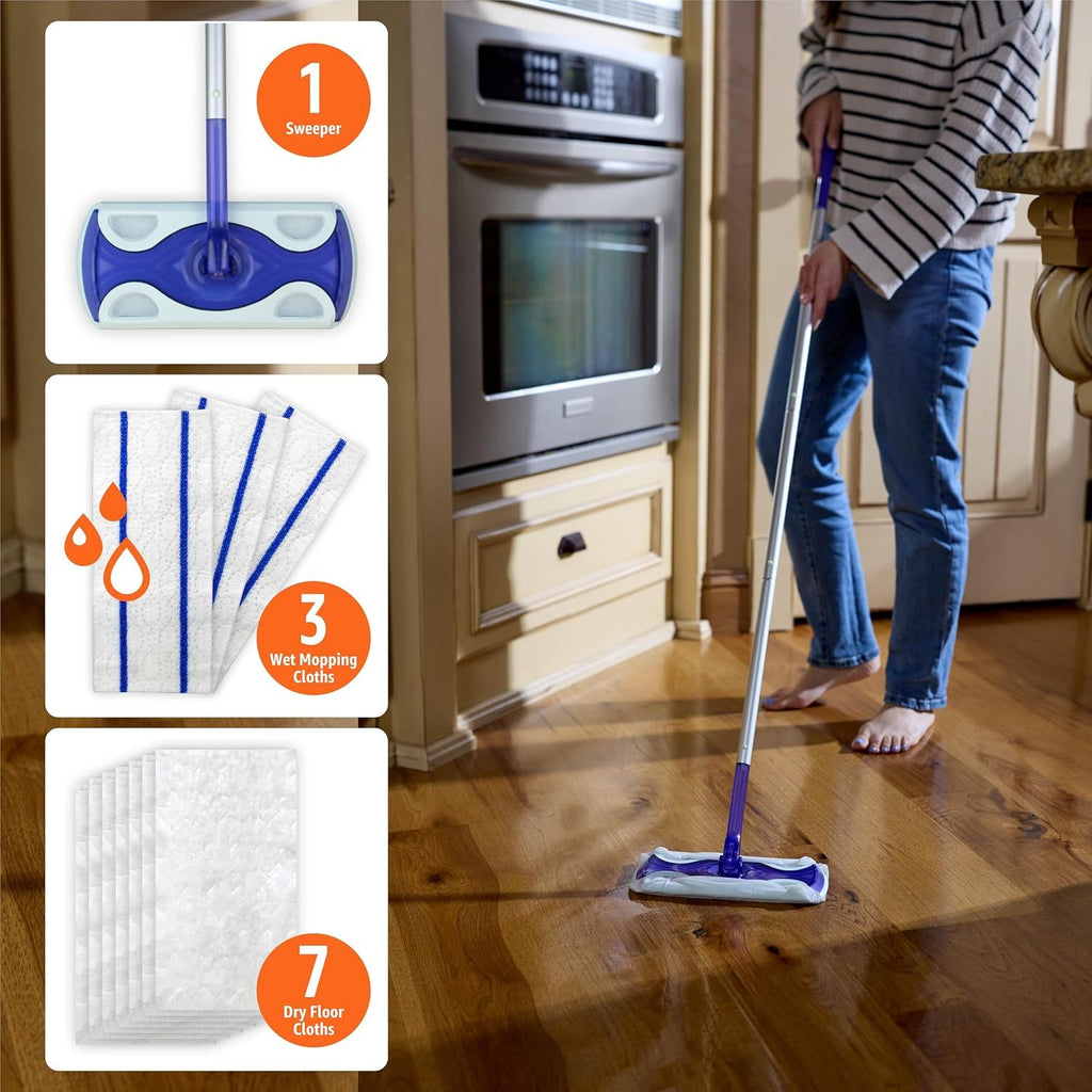 Basics Wet & Dry Sweeper Kit (1 Sweeper Handle, 7 Heavy Duty Dry Cloths, 3 Wet Floor Cloths) Pack of 1