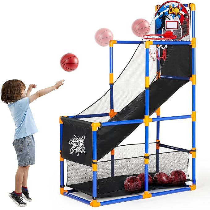 Basketball Game Set with 4 Balls and Hoop for Kids 3 to 12 Years Old Indoor Outdoor Sport Play - Easy Set Up - Air Pump Included - Ideal for Competition