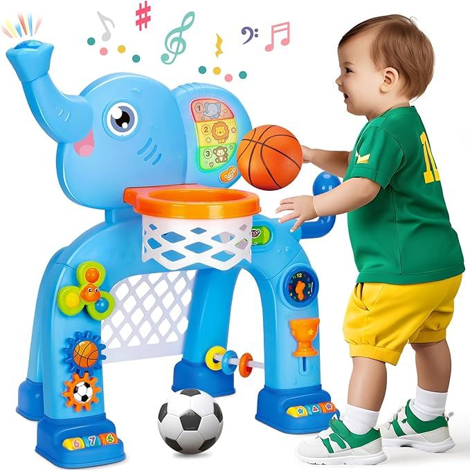 Basketball Hoop & Soccer Goal, Toys for 1 2 3 Year Old Boys Girls, Kids Sports Toy with Light Sound Music, Montessori Toys for Baby 12-18 Months, Christmas Birthday Gifts for Ages 1-3Blue