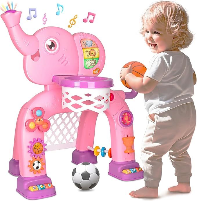 Basketball Hoop & Soccer Goal, Toys for 1 2 3 Year Old Boys Girls, Kids Sports Toy with Light Sound Music, Montessori Toys for Baby 12-18 Months, Christmas Birthday Gifts for Ages 1-3(Pink