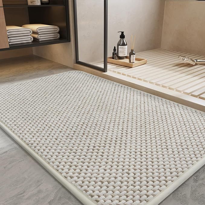 Bath Mat-Super Absorbent Chenille Bathroom Mats-Rubber Backed Bath Mats for Bathroom Non Slip, Easy Clean Bathroom Rugs Front of Bathtub,Shower Room,Sink-17×28, Beige&Cream