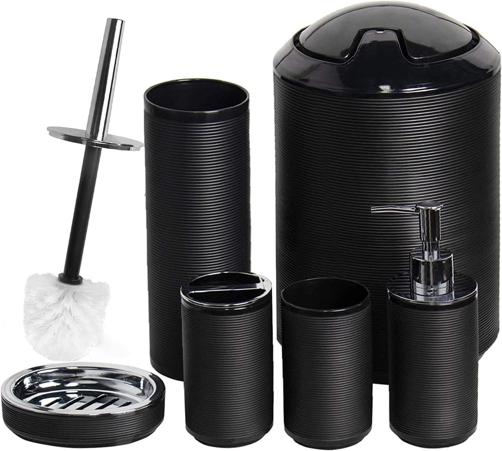 Bathroom Accessories Set 6 Piece Bath Ensemble Includes Soap Dispenser, Toothbrush Holder, Toothbrush Cup, Soap Dish for Decorative Countertop and Housewarming Gift, Black
