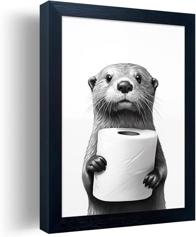 Bathroom Picture Wall Decor, Framed Black and White Bathroom Wall Art, Toilet Paper in Little Funny Raccoon's Hand Canvas Print Painting