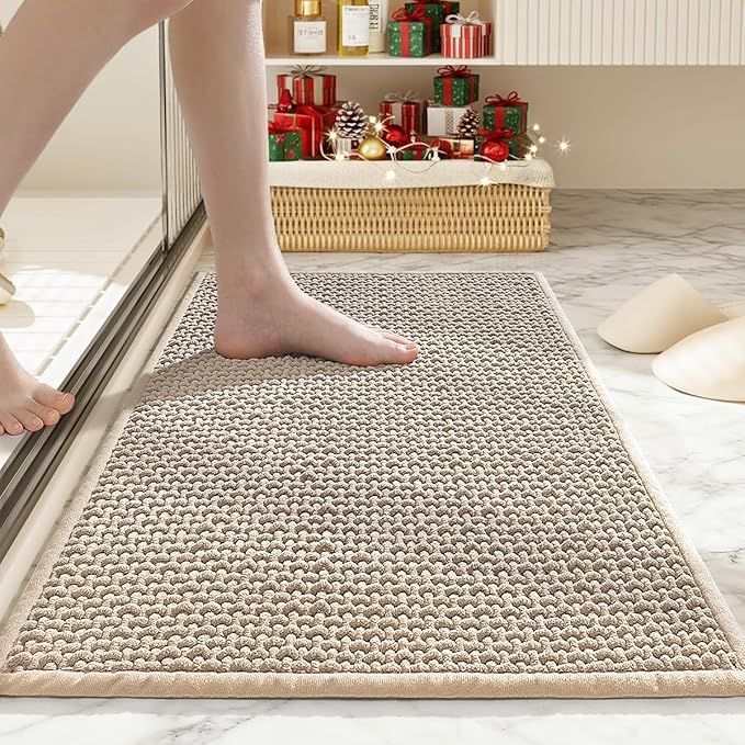 Bathroom Rugs Non Slip Washable, Super Absorbent Thin Bath Mat for Small Quick Dry Low Pile Bathroom Rug, (Khaki, 24″x16″)