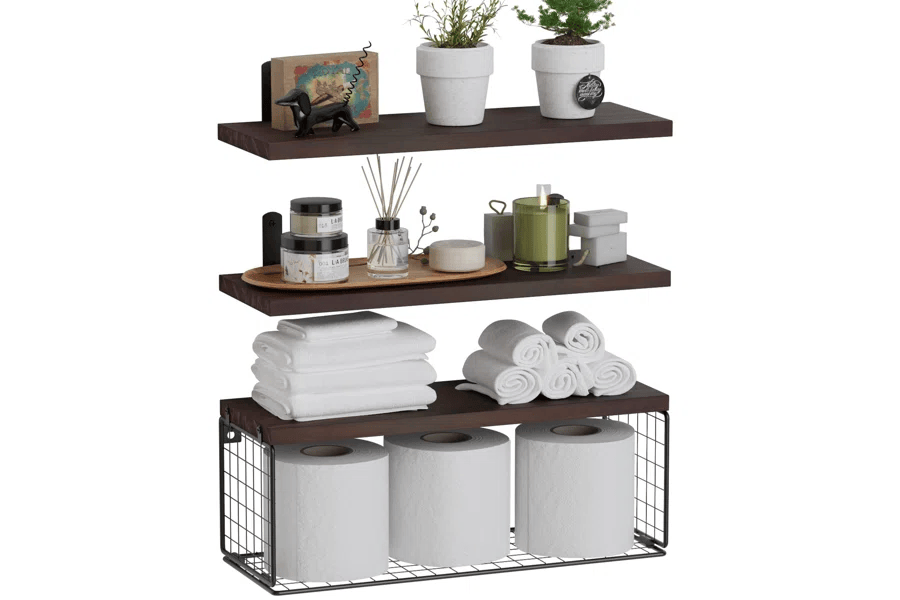 Bathroom Shelf Over Toilet, Floating Bathroom Shelf Wall Mounted with Wire Basket, Floating Shelf for Wall Décor