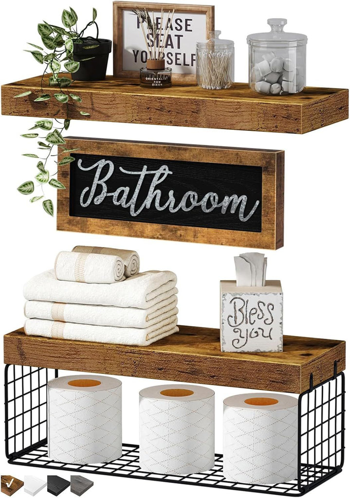 Bathroom Shelves Over Toilet - Paper Storage Wall Mounted Farmhouse Decor Decorations Aesthetic Décor Sign Small Floating Shelf 2+1 Set 16 inch, Rustic Brown (020BN)