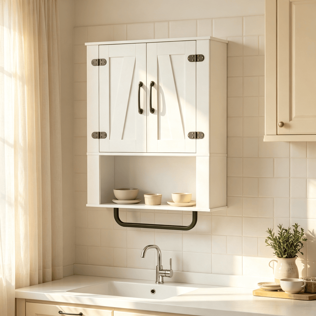 Bathroom Wall Cabinet 2 Barn Door Design with Towel Bar 3-Tier Wooden Storage Space Saver for Bathrooms