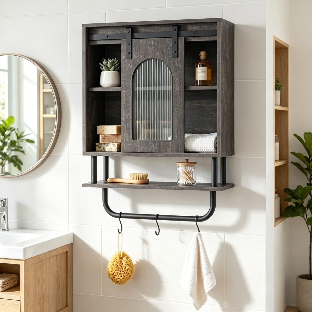 Bathroom Wall Cabinet Sliding Barn Door Metal Hanging Bar 3 Hooks Storage Organizer for Bath Decorative Shelves