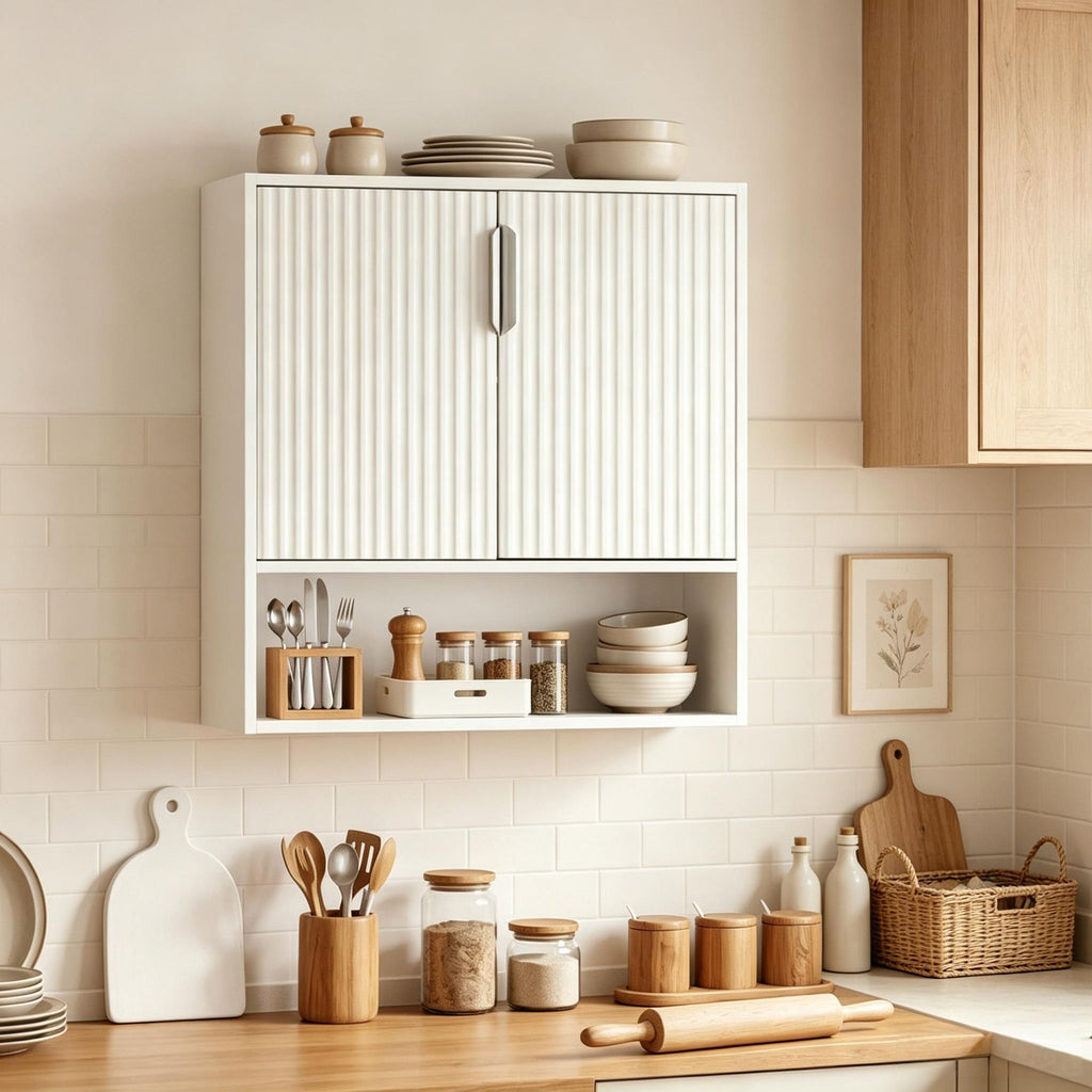 Bathroom Wall Cabinet with 2 Fluted Doors Open Cube And Adjustable Shelf Storage Wood
