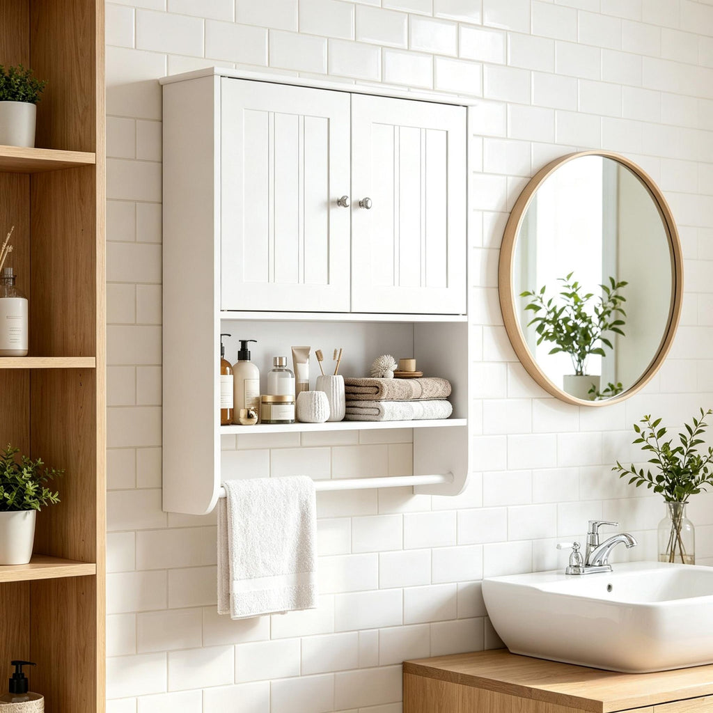 Bathroom Wall Cabinet with Towel Bar Open Shelf Adjustable Shelf Storage Organizer