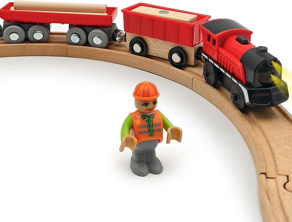 Battery Operated Cargo Train for Wooden Train Track Set Toys for Toddlers 3 4 5 Year Old Boys Kids Magnetic Couplings Construction site Fram Harbor Vehicle (Without Battery