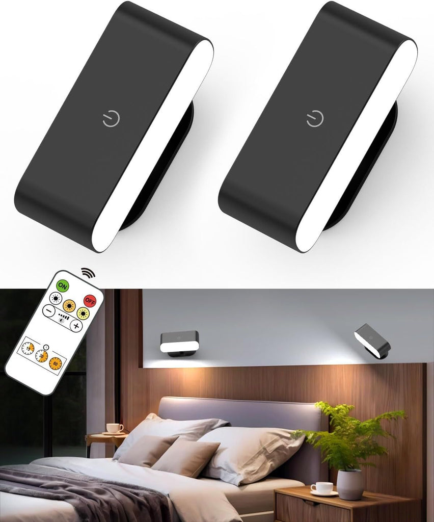 Battery Operated Wall Sconce Set of 2, Rechargeable LED Wall Mounted Light with Remote Control, Stick On Magnetic Wall Lights for Bedroom, 3 Modes Dimmable Bedside Reading Wall Lamps for Bedroom