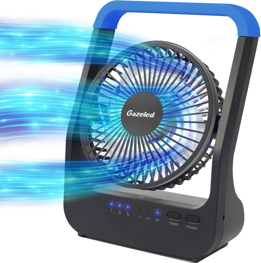 Battery Powered Fan, Long Lasting Battery Operated Fans for Camping, Portable D-Cell Desk Fan with Timer, 3 Speeds, Whisper Quiet, 180° Rotation, for Office, Bedroom, Outdoor, 5'', Model: F15