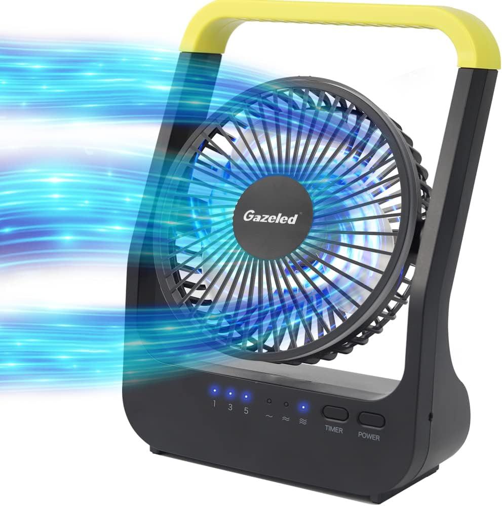 Battery Powered Fan, Long Lasting Battery Operated Fans for Camping, Portable D-Cell Desk Fan with Timer, 3 Speeds, Whisper Quiet, 180° Rotation, for Office, Bedroom, Outdoor, 5'', Model: F15