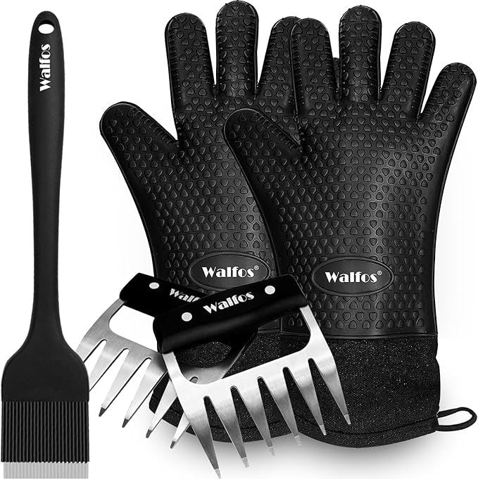 BBQ Gloves - 500°F Heat Resistant Grilling Gloves Set with Meat shredding Claws & Silicone Brush, Non-Slip Kitchen Silicone Oven Mitt, for Barbecue, Cooking, Baking, Cutting, Black