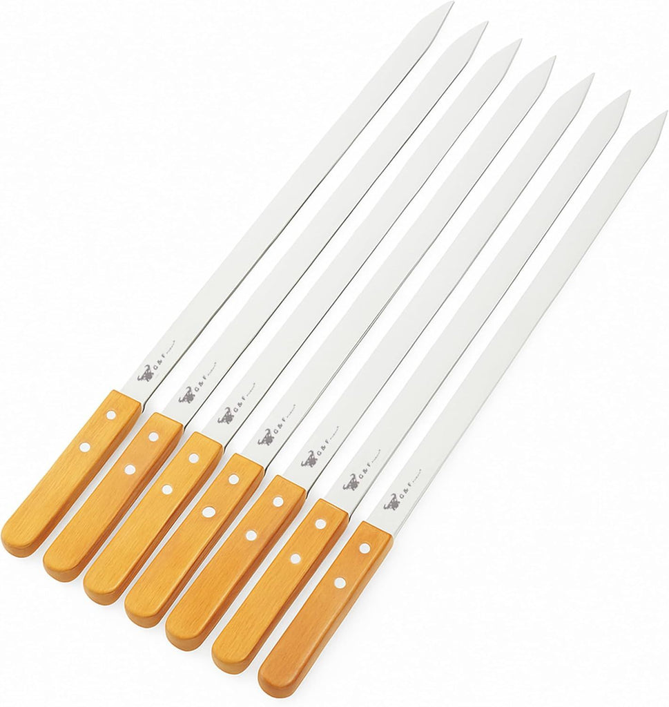 BBQ Skewers, 23" x 5/8" Stainless Steel Flat Metal Skewers with Wooden Handles, Heavy-Duty 8-Piece Set with Camouflage Carry Bag for Grilling Meat, Vegetables, and Outdoor Cooking