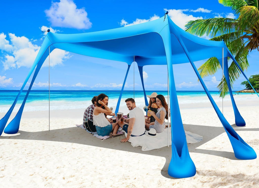 Beach Tent Sun Shelter 10x10ft Beach Canopy Easy Pop Up Sun Shade Portable UPF50+ with 8 Sandbags-2 Sand Shovel-4 Aluminum Poles-Ground Pegs for Outdoor Family Camping Fishing Backyard Picnic