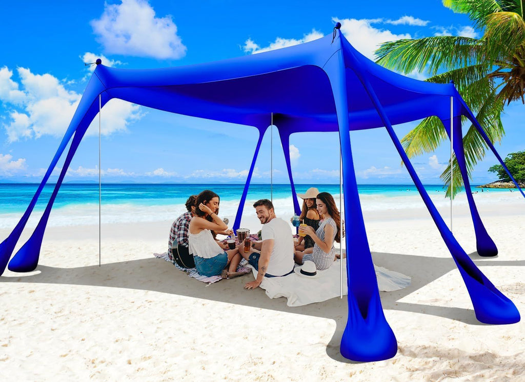 Beach Tent Sun Shelter 10x10ft Beach Canopy Easy Pop Up Sun Shade Portable UPF50+ with 8 Sandbags-2 Sand Shovel-4 Aluminum Poles-Ground Pegs for Outdoor Family Camping Fishing Backyard Picnic